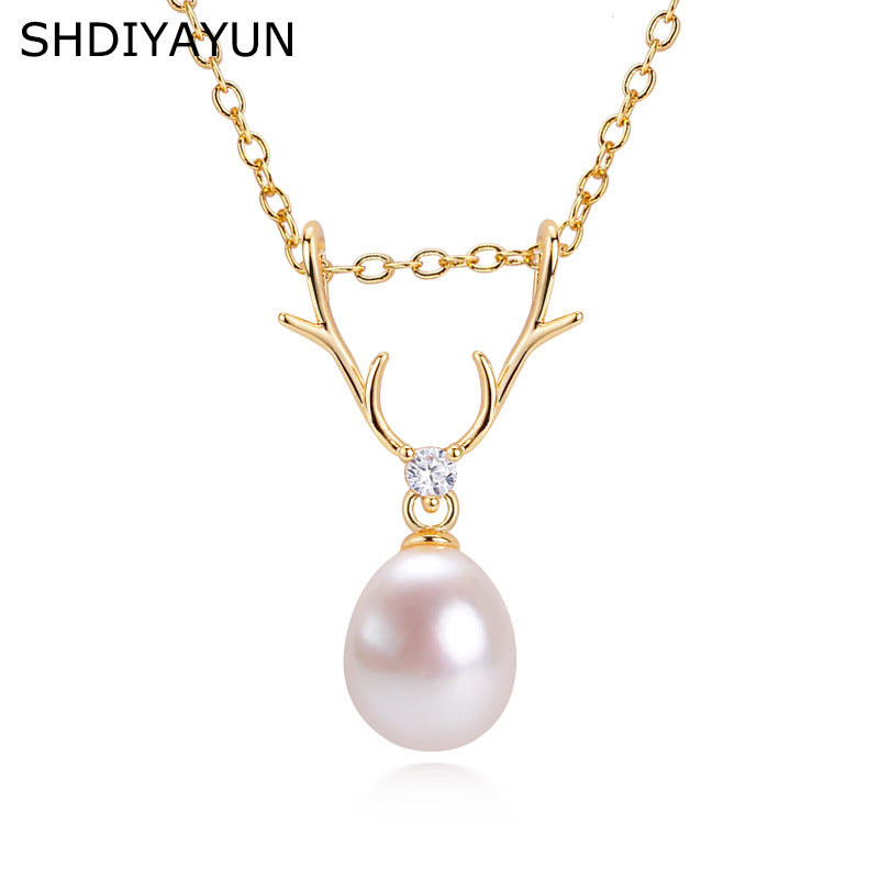 Gold Antler Pearl Drop Necklace  (925 Sterling Silver)