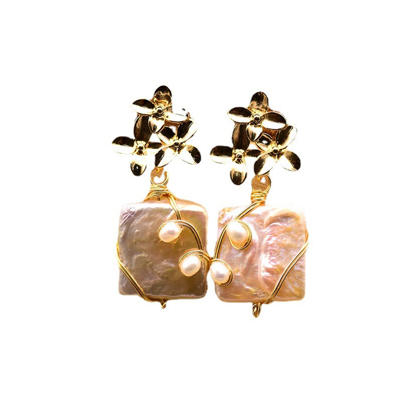 Unique square shape Baroque pearl earrings in 925 sterling silver