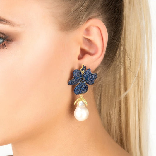Baroque Pearl Sapphire Blue Flower Earrings