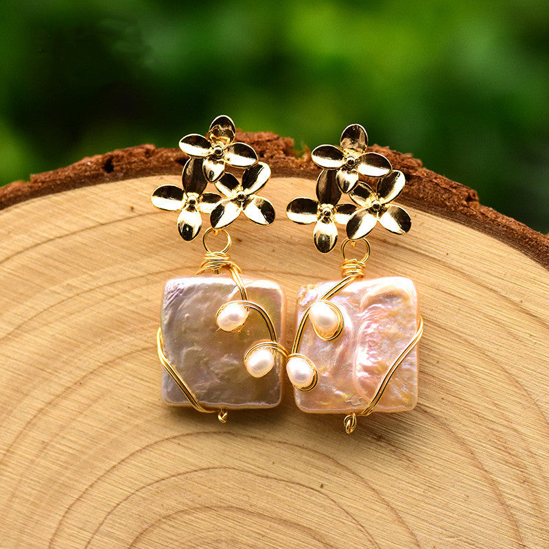 Stylish square Baroque pearl earrings with 925 sterling silver, a perfect gift for birthdays or anniversaries.
