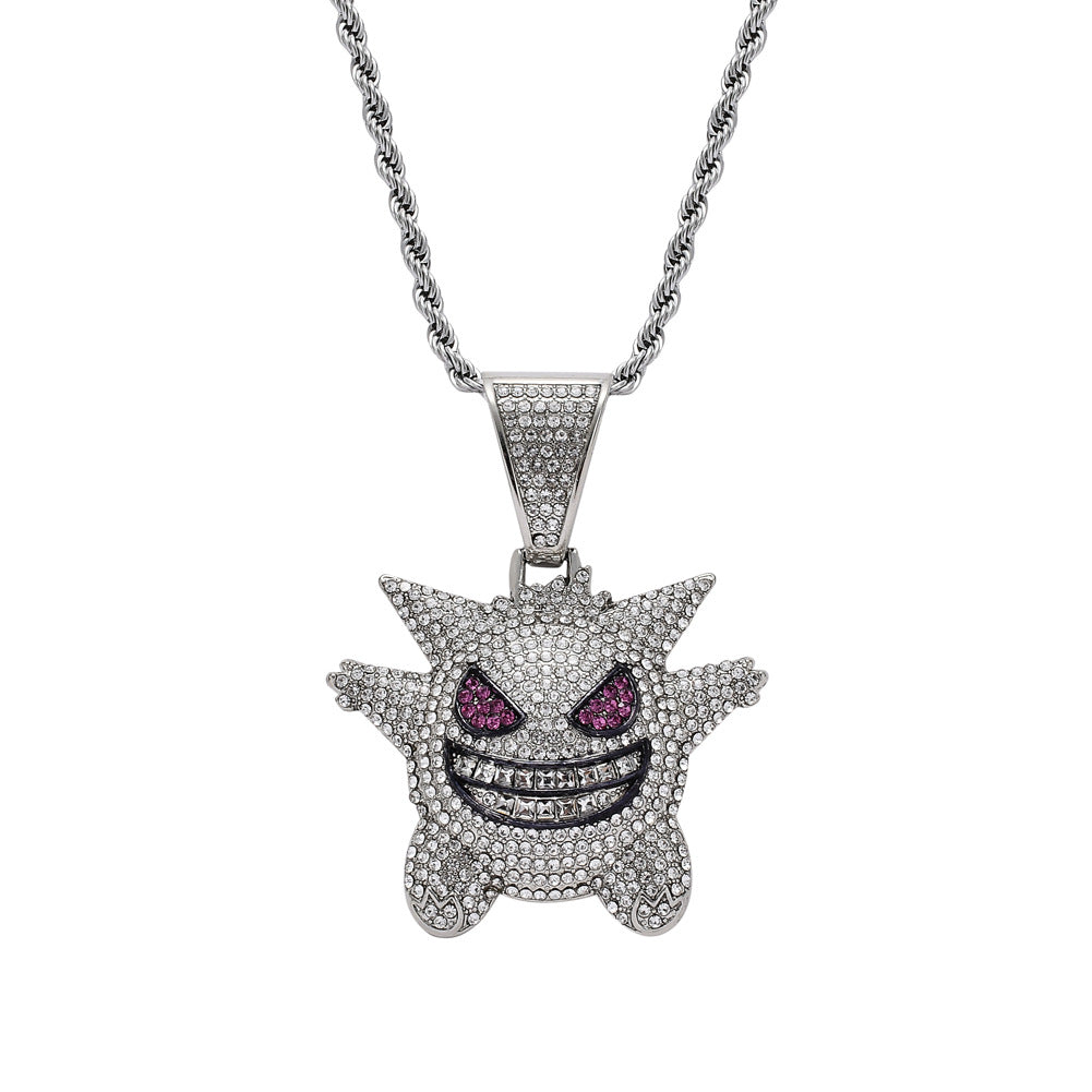A bold pendant shaped like Gengar, the iconic Pokémon.
Crafted in polished metal, likely silver or white gold.