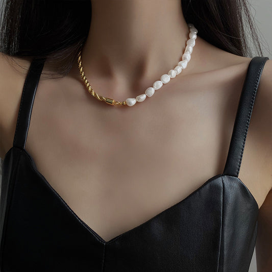 Unique half gold and pearl necklace for women, offering a perfect mix of luxury and simplicity